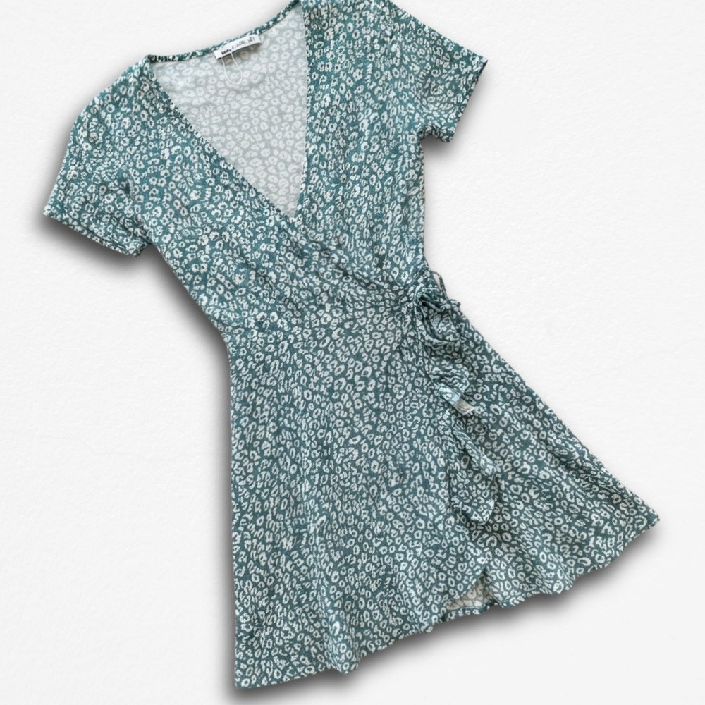 Pull&Bear Womens Teal Floral Leopard Print Wrap Mini Dress Short Sleeve XS